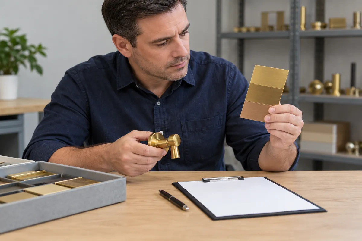 Brass Dezincification Bathroom Hardware for OEM Buyers: importer and supplier reviewing brass surface and material identity with sample records.