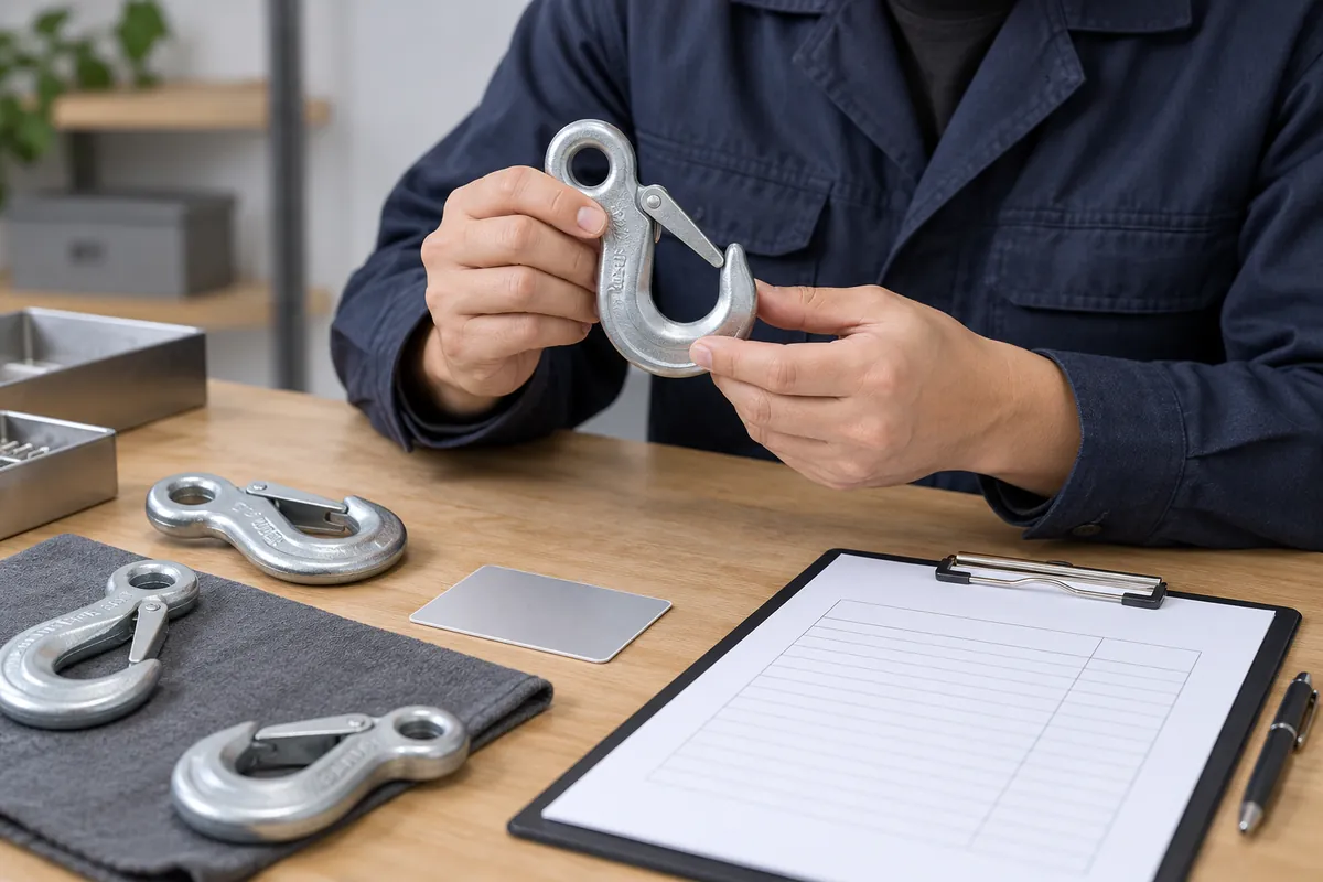 Zinc Alloy Creep Loaded Hardware for OEM Buyers: importer and supplier reviewing cast hook and sustained-load observation with sample records.