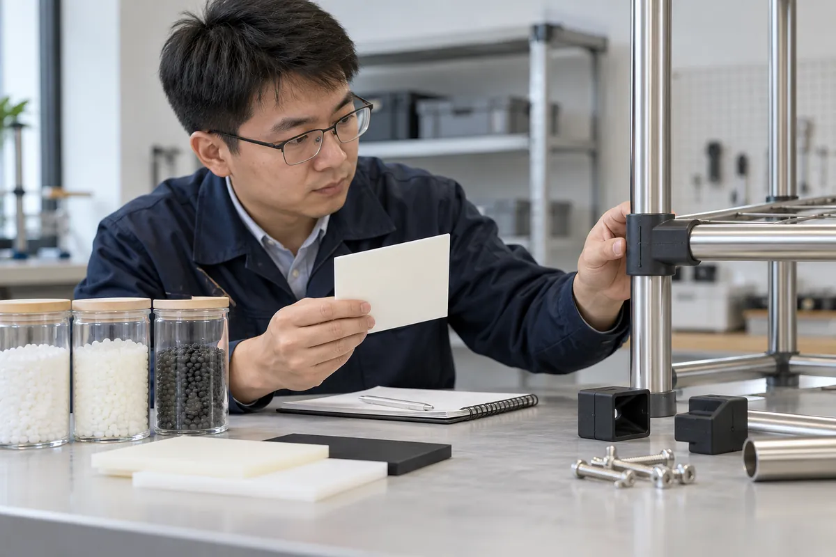 Nylon Moisture Absorption Dimensional Stability for OEM Buyers: importer and supplier reviewing nylon bushing fit and conditioning with sample records.