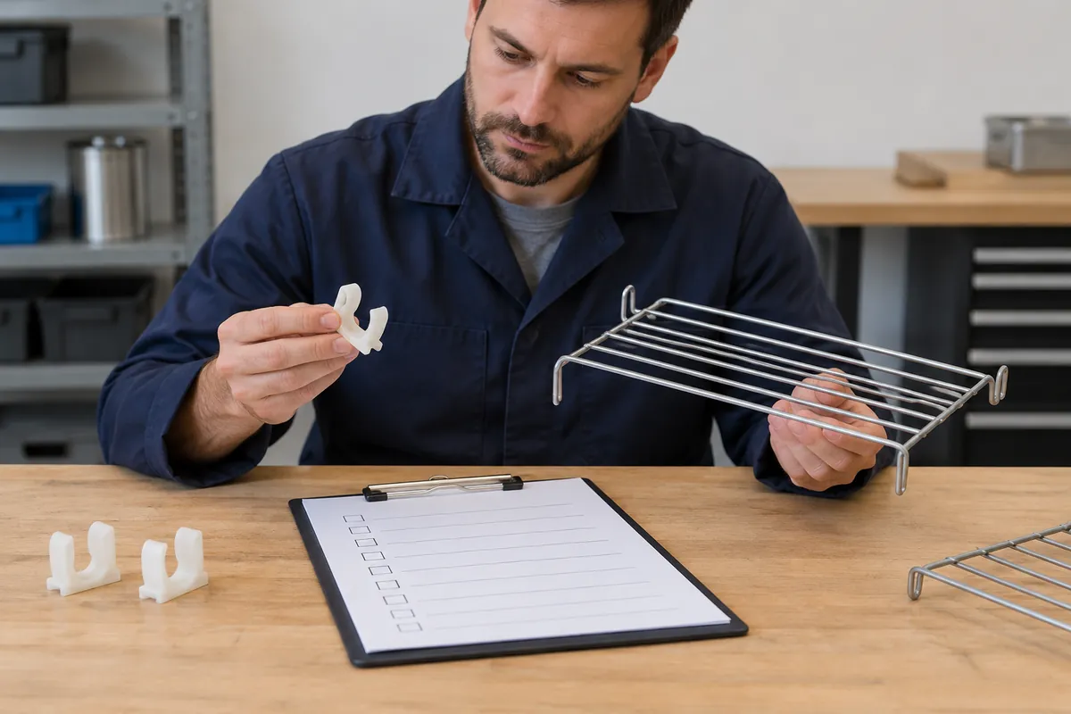 Plastic Creep Mounting Components for OEM Buyers: importer and supplier reviewing plastic clip under sustained assembly load with sample records.