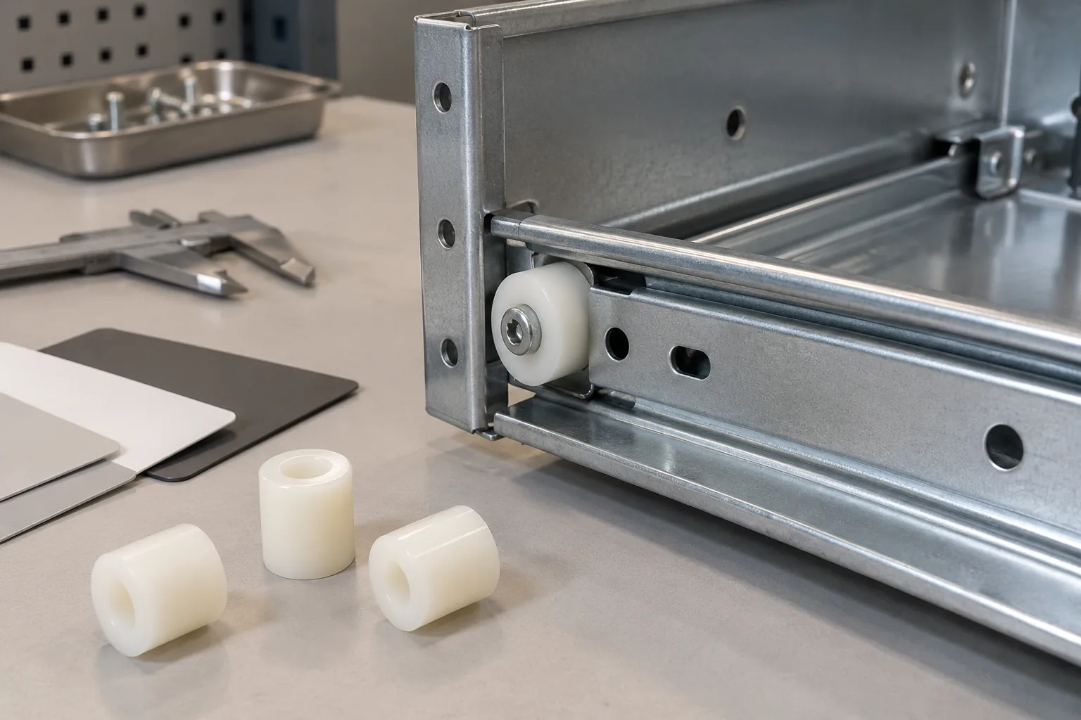 Plastic Creep Mounting Components for OEM Buyers: product and material identification on an OEM sample table.