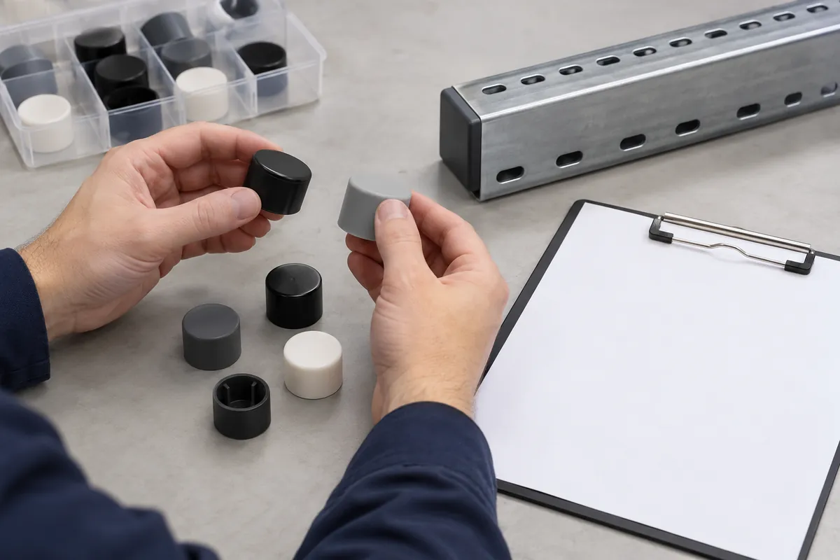 UV Resistant Plastic Hardware Components for OEM Buyers: importer and supplier reviewing exposure-specific polymer cap sourcing with sample records.