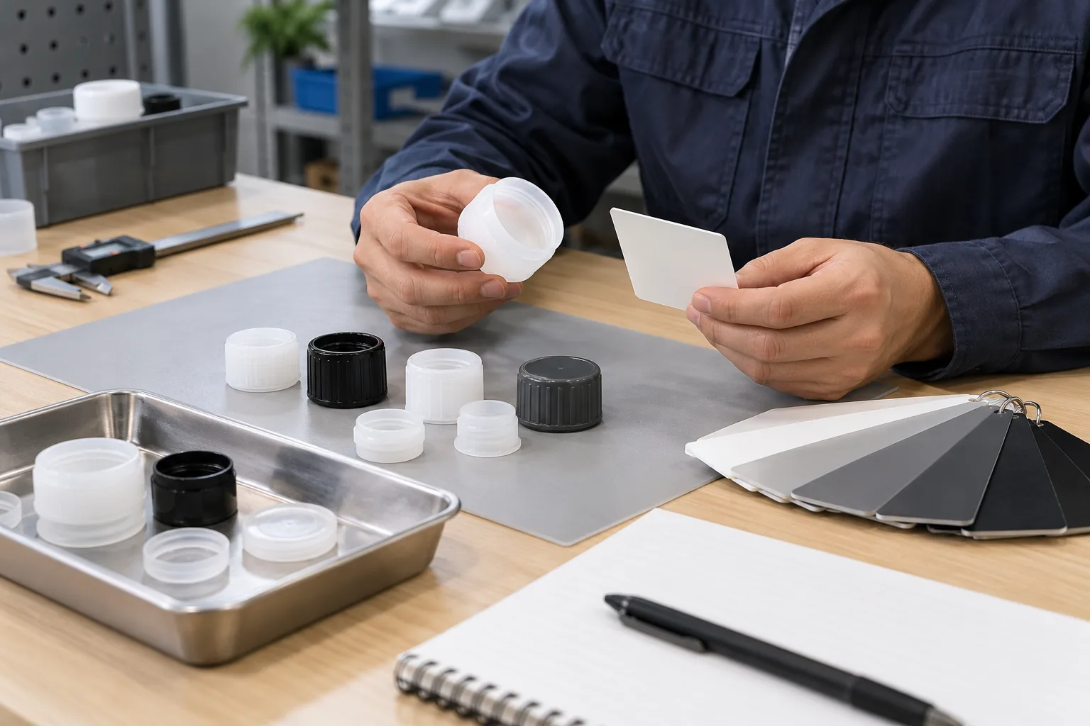 UV Resistant Plastic Hardware Components for OEM Buyers: product and material identification on an OEM sample table.