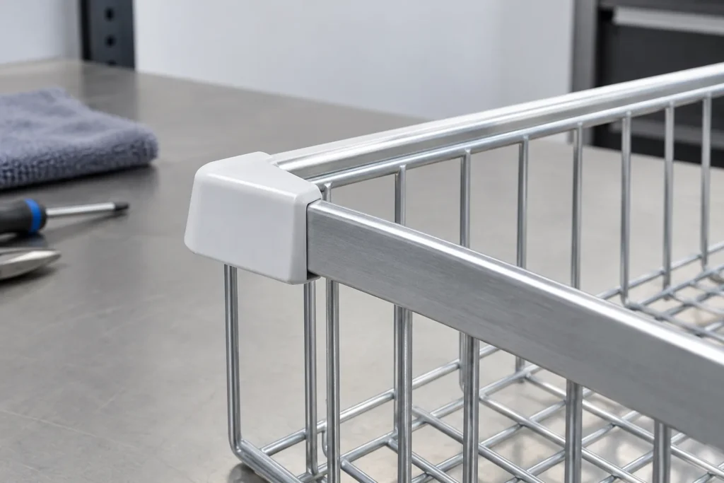Low Temperature Plastic Freezer Basket Components for OEM Buyers: product and material identification on an OEM sample table.