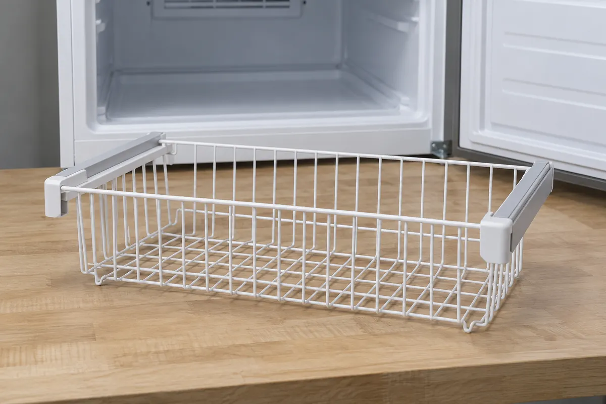 Low Temperature Plastic Freezer Basket Components for OEM Buyers: close-up of polymer runner fit after cold conditioning for buyer review.