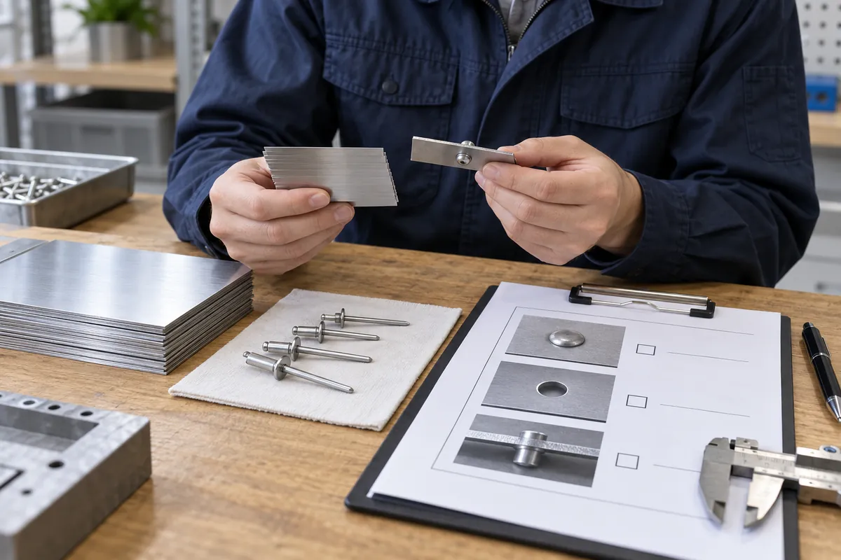 Blind Rivet Grip Range Sheet Metal for OEM Buyers: importer and supplier reviewing thin-sheet bracket rivet stack-up with sample records.