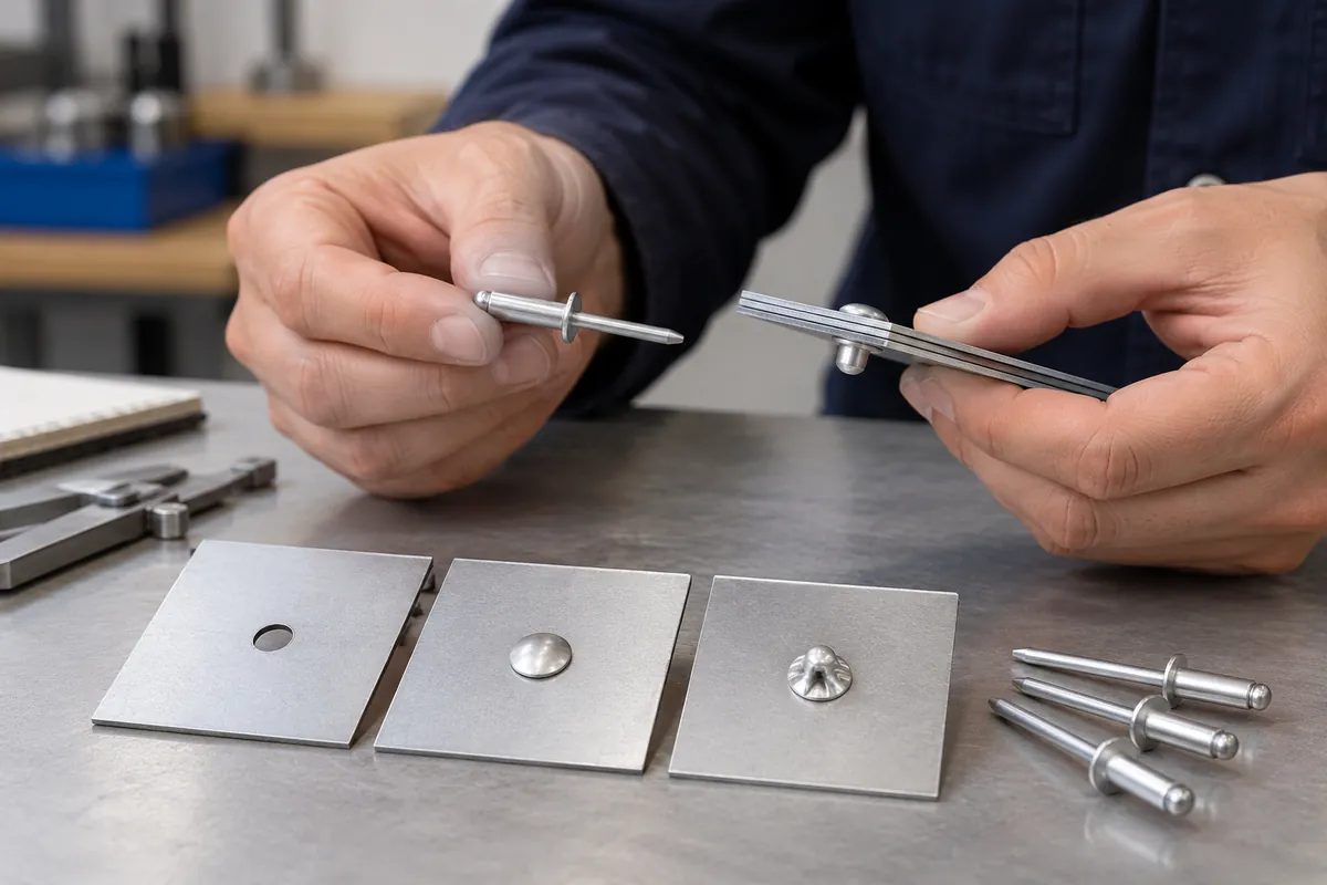 Blind Rivet Grip Range Sheet Metal for OEM Buyers: close-up of thin-sheet bracket rivet stack-up for buyer review.