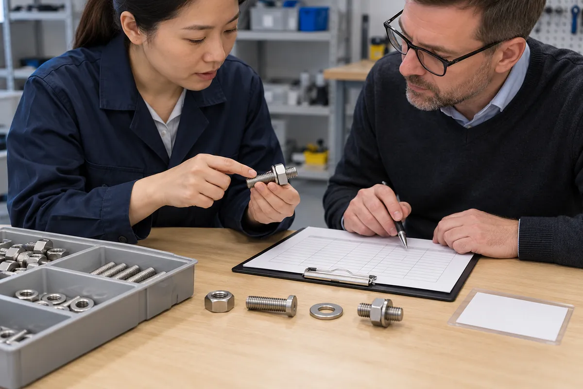 Lock Nut Reuse Knock Down Furniture for OEM Buyers: importer and supplier reviewing repeat assembly metal frame fastener with sample records.