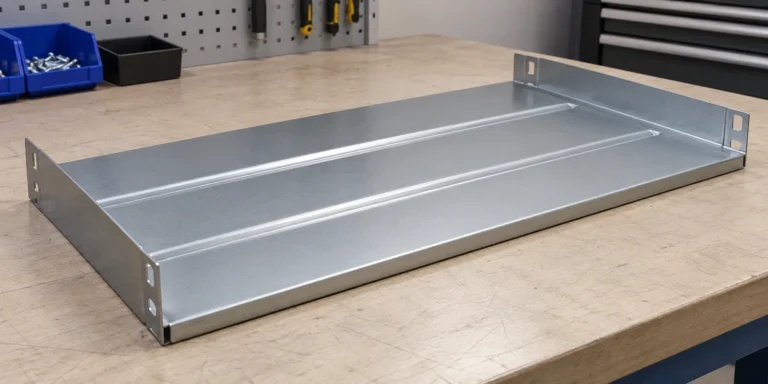 Embossed Ribs Sheet Metal Shelf Design for OEM Buyers: product and material identification on an OEM sample table.