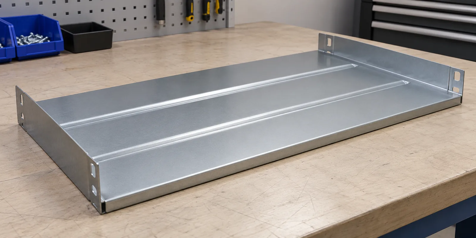 Embossed Ribs Sheet Metal Shelf Design for OEM Buyers: product and material identification on an OEM sample table.