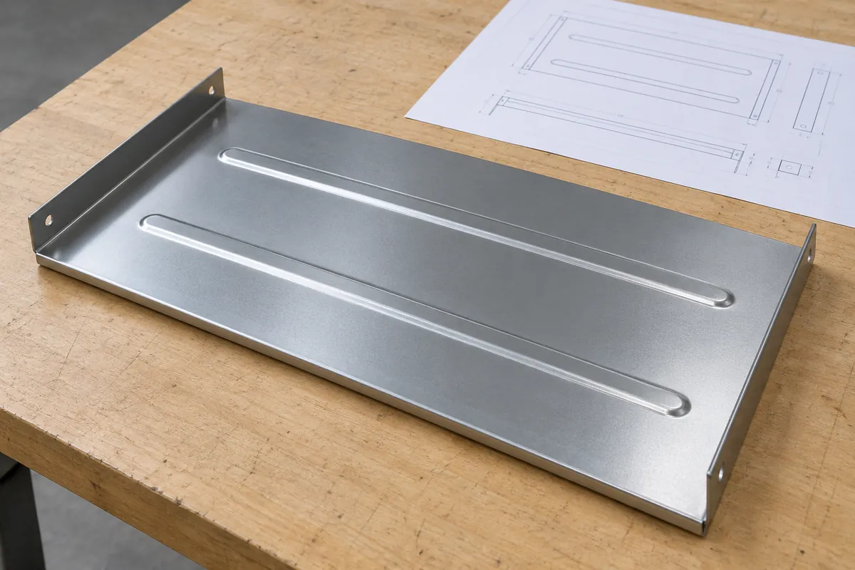 Embossed Ribs Sheet Metal Shelf Design for OEM Buyers: close-up of formed rib shelf geometry and clearance for buyer review.