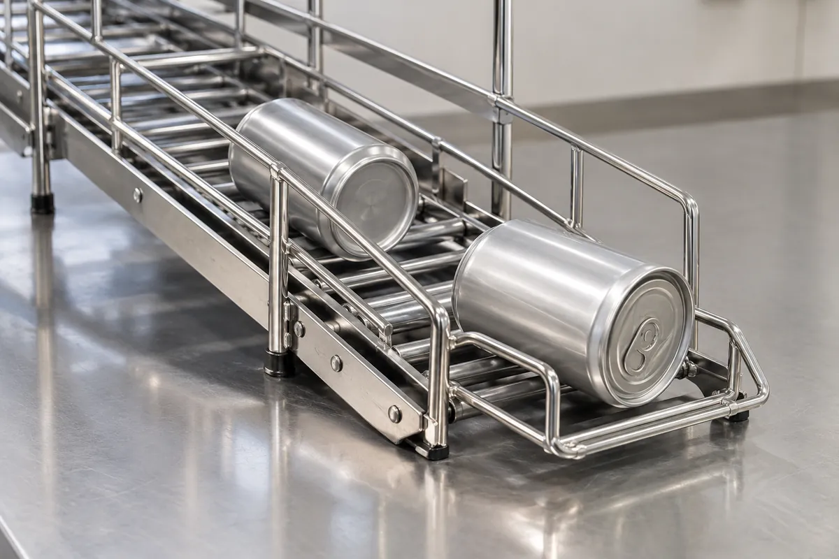 Can-size samples checked against a gravity-feed rack transition
