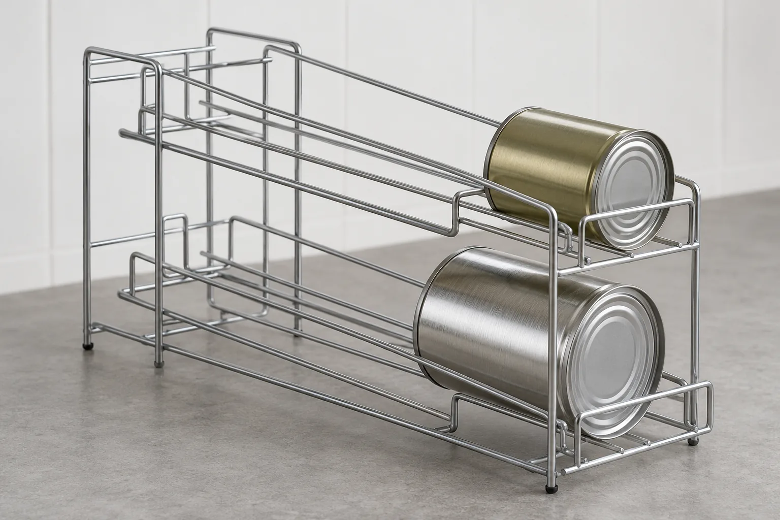 Gravity-feed metal can rack with can-size samples