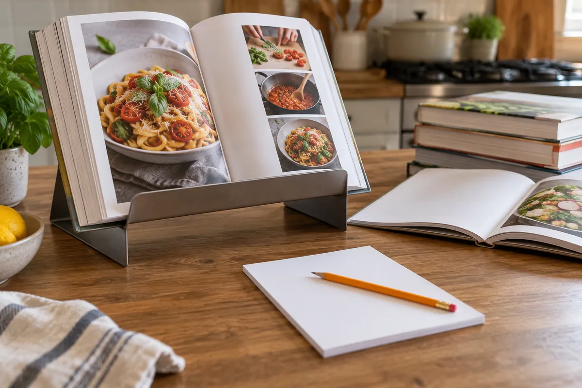 Buyer checks thick-book fit and page retention on a metal stand