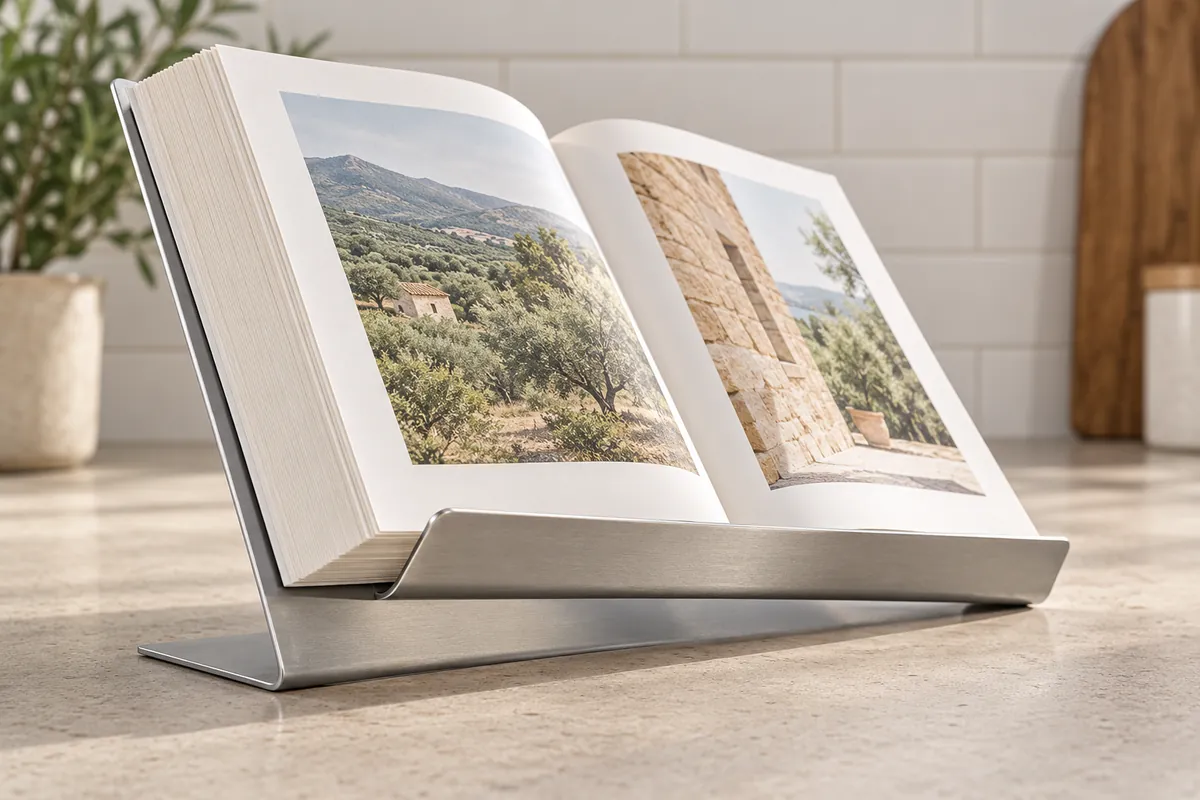 Page-retaining lip and book thickness reviewed on a metal stand