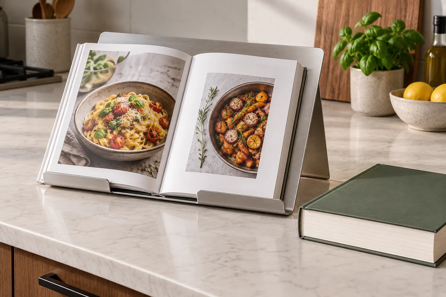 Sheet-metal cookbook stand shown with thick and open books