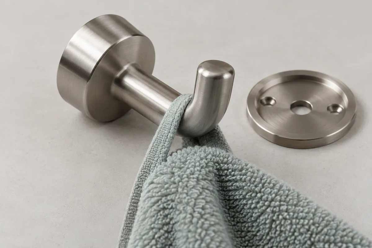 Towel loop engagement checked against robe-hook throat geometry