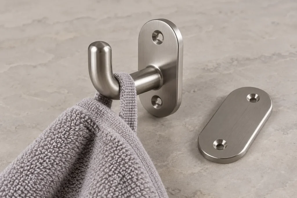 Metal robe hook profile beside a towel loop