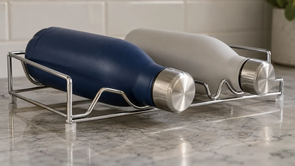 Horizontal metal bottle rack with two generic bottle profiles