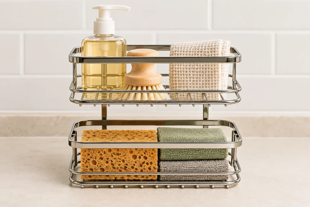 Referenced wire basket with small items retained inside