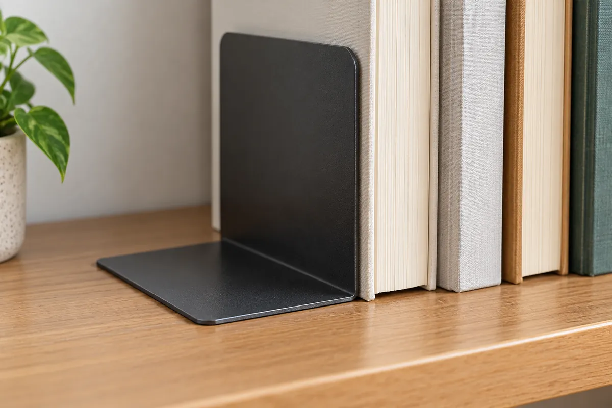 Bookend base contact and panel geometry reviewed beside books
