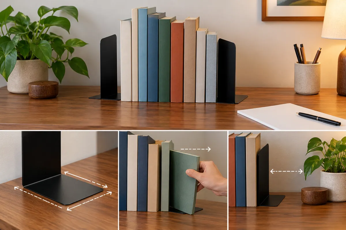 Buyer checks bookend base placement and book-removal envelope