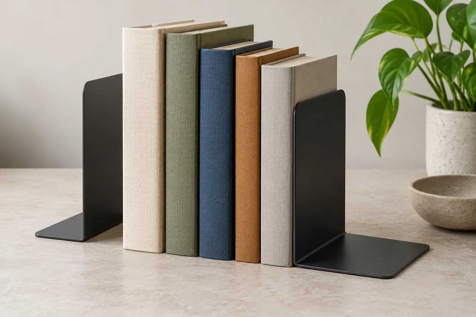 Sheet-metal bookends with broad base supporting a small book row