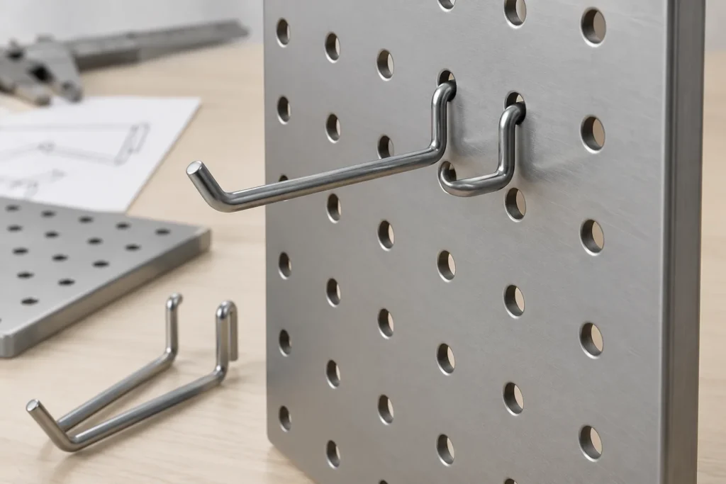 Metal pegboard hook engaging a perforated panel
