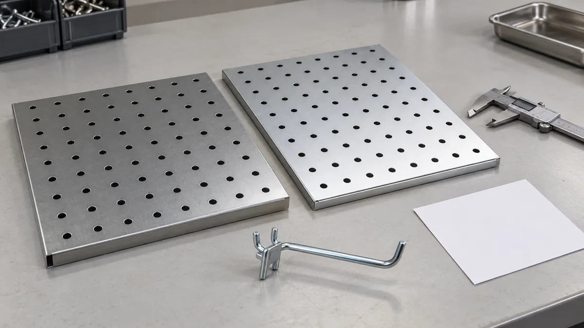 Buyer compares pegboard samples and metal hook interface