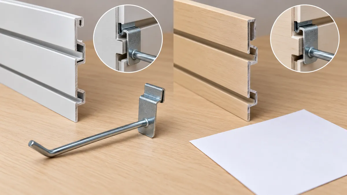 Buyer compares slatwall profile samples with a metal hook