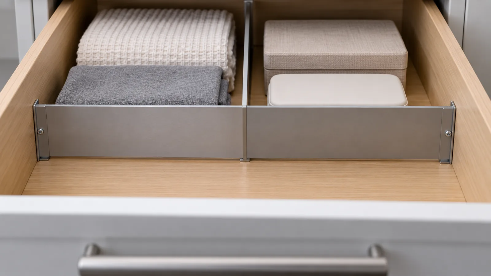 Metal drawer divider and small parts on a drawer floor