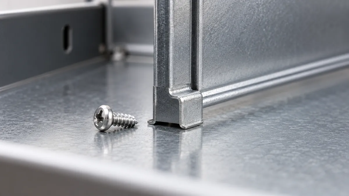 Divider foot and drawer-floor clearance checked beside a small screw