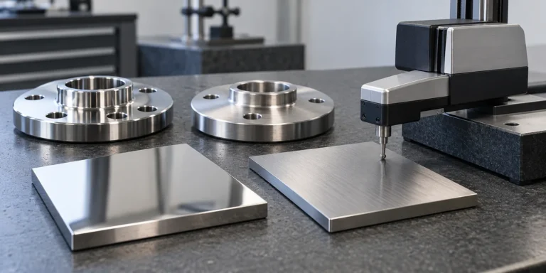 Polished stainless samples beside a surface roughness instrument