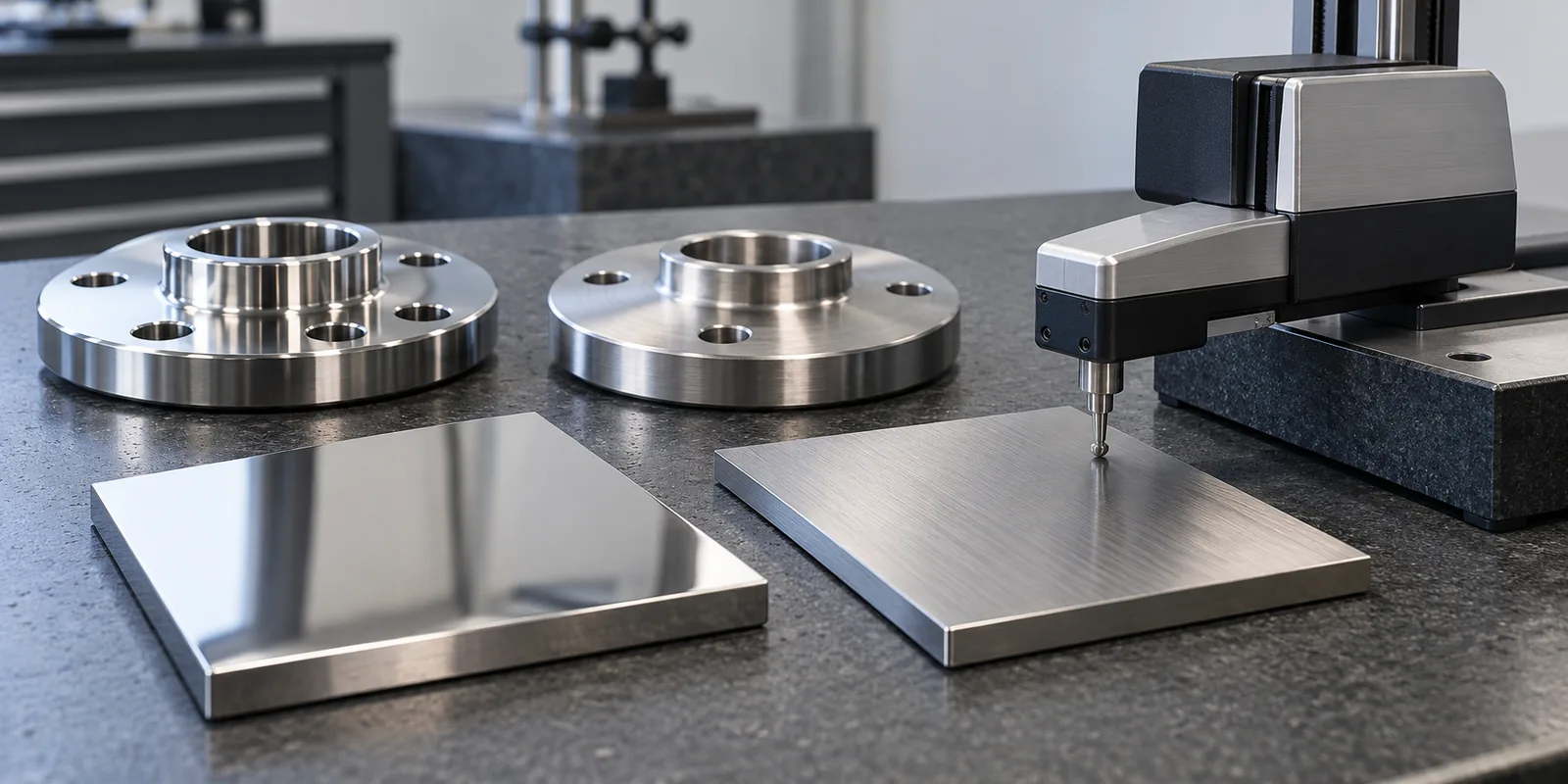 Polished stainless samples beside a surface roughness instrument