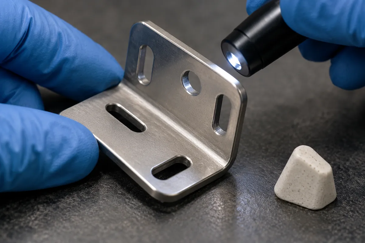 Finished metal part openings inspected for lodged media