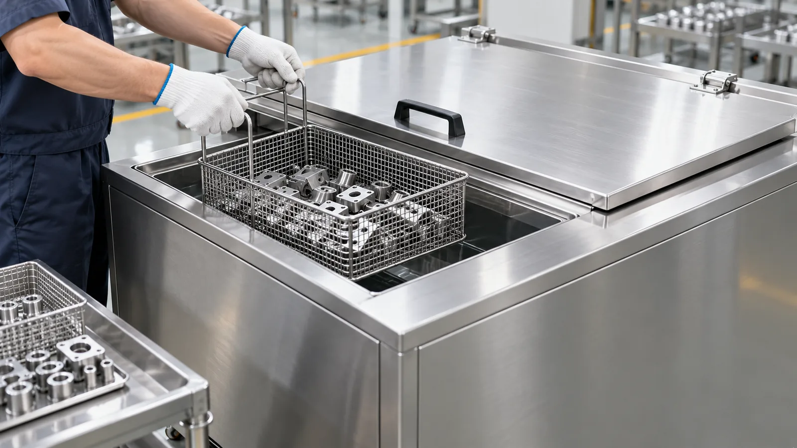 Metal hardware basket prepared for ultrasonic cleaning
