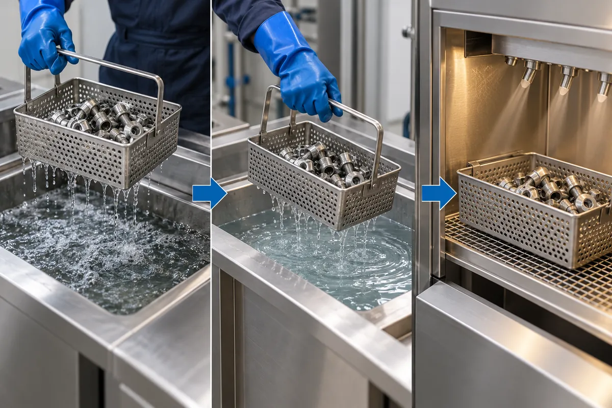 Metal parts move from ultrasonic cleaning to rinse and drying