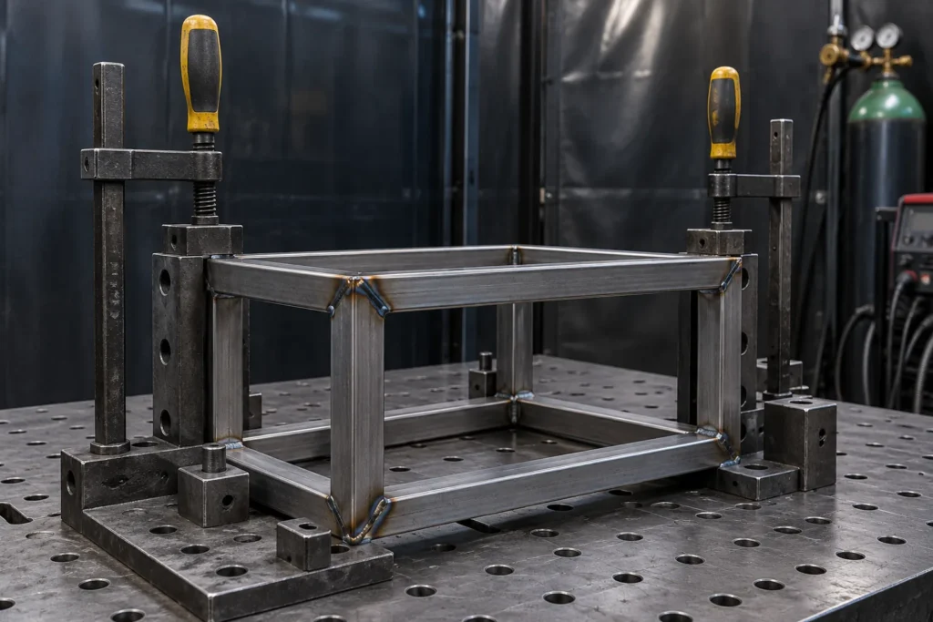 Metal storage frame positioned in a welding fixture