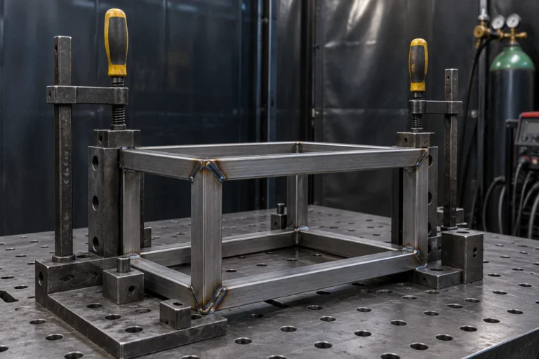 Metal storage frame positioned in a welding fixture
