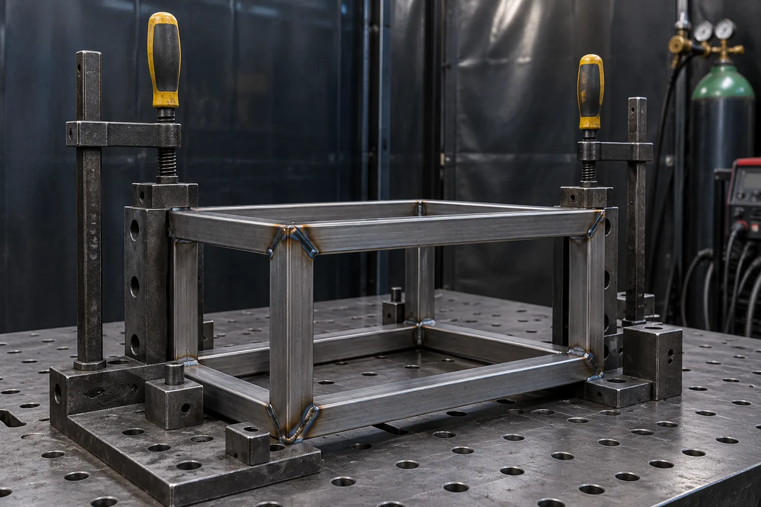 Metal storage frame positioned in a welding fixture