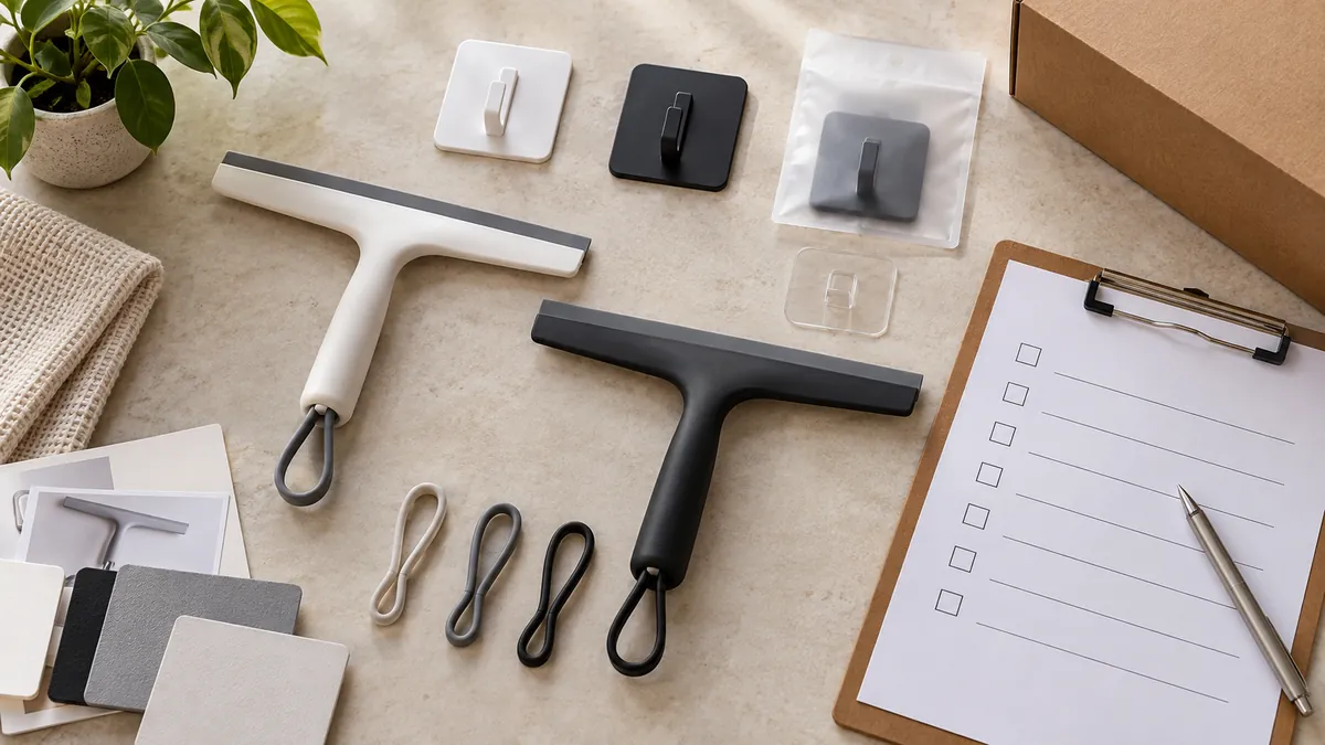 a chrome shower squeegee and matching storage hook, handle-loop clearance and retrieval fit for OEM buyer evaluation.