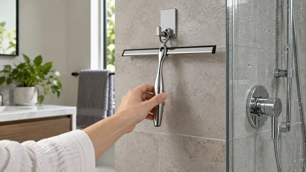 a chrome shower squeegee and matching storage hook, handle-loop clearance and retrieval fit for OEM buyer evaluation.
