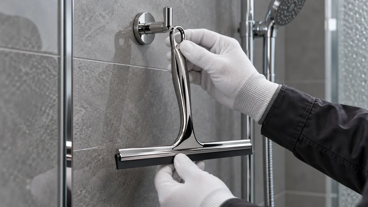 a chrome shower squeegee and matching storage hook, handle-loop clearance and retrieval fit for OEM buyer evaluation.