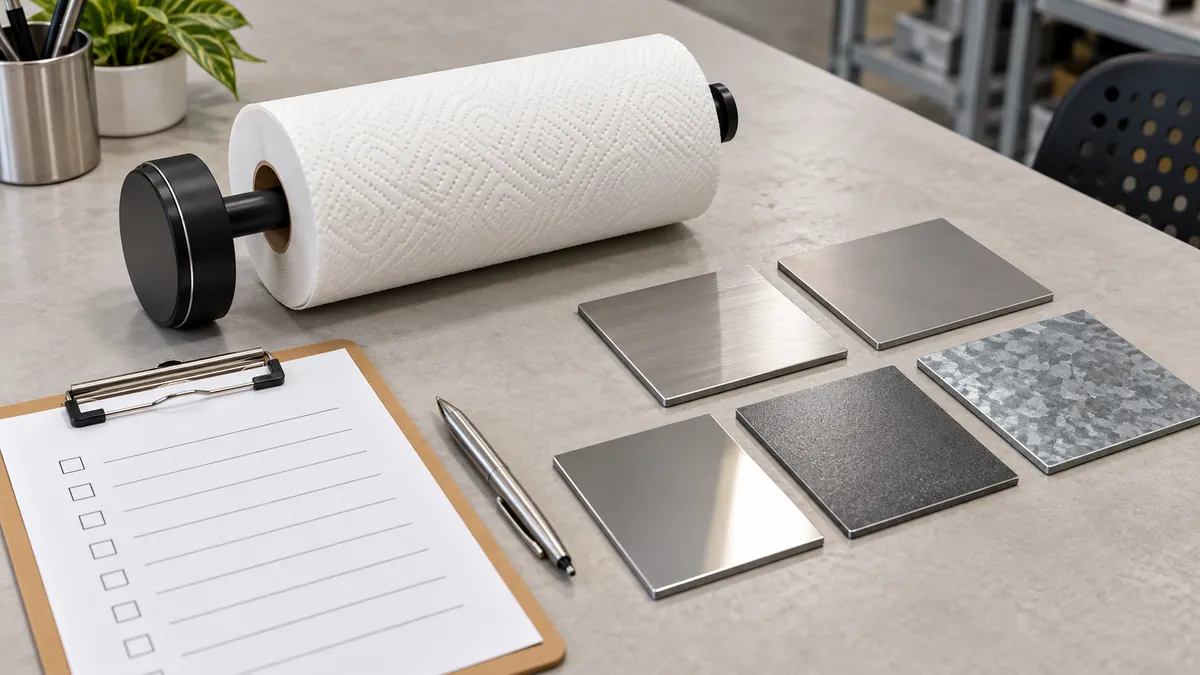 a magnetic paper-towel holder on a steel appliance panel, showing roll pull direction and stable contact for OEM buyer evaluation.