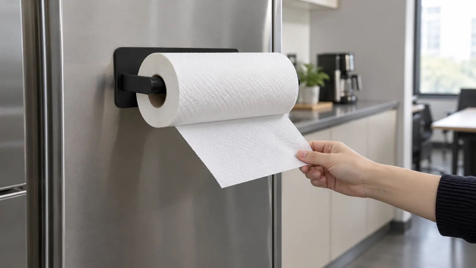 a magnetic paper-towel holder on a steel appliance panel, showing roll pull direction and stable contact for OEM buyer evaluation.