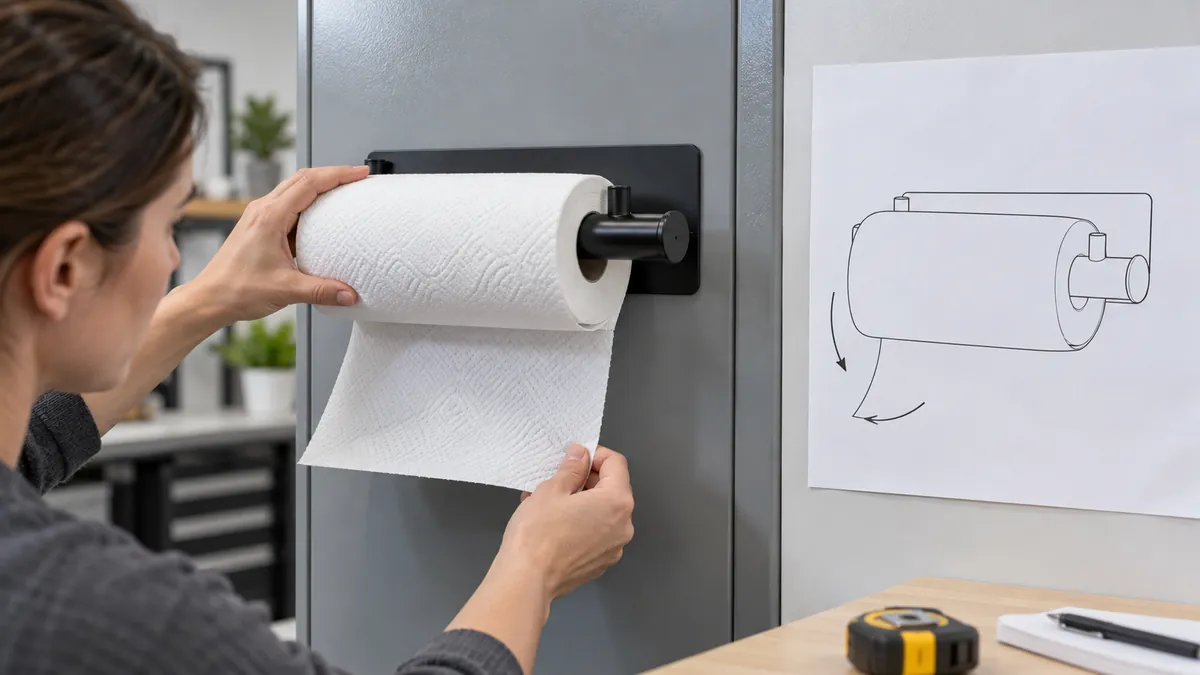 a magnetic paper-towel holder on a steel appliance panel, showing roll pull direction and stable contact for OEM buyer evaluation.