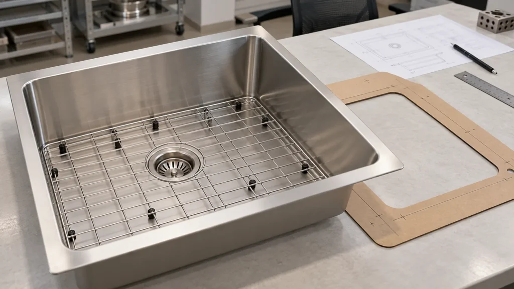 a custom stainless sink bottom grid with drain opening and adjustable support feet for OEM buyer evaluation.
