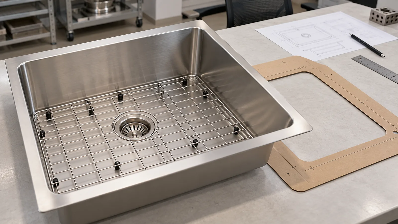 a custom stainless sink bottom grid with drain opening and adjustable support feet for OEM buyer evaluation.