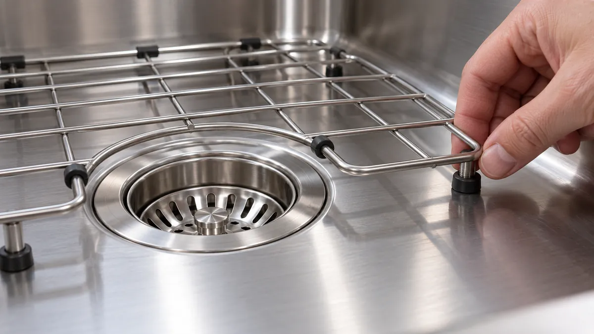 a custom stainless sink bottom grid with drain opening and adjustable support feet for OEM buyer evaluation.