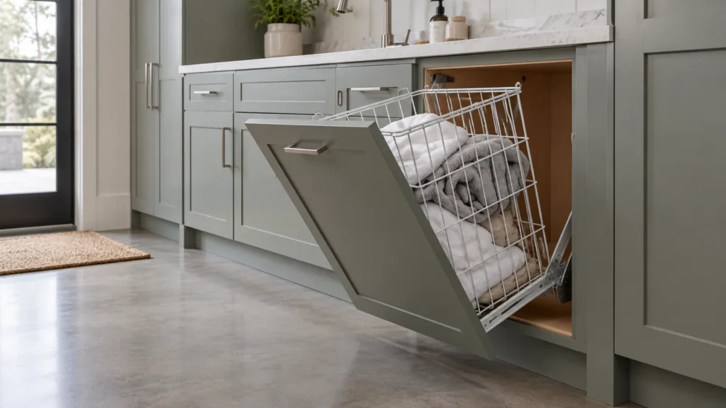 a tilt-out wire hamper inside a cabinet, illustrating door swing and basket removal clearance for OEM buyer evaluation.